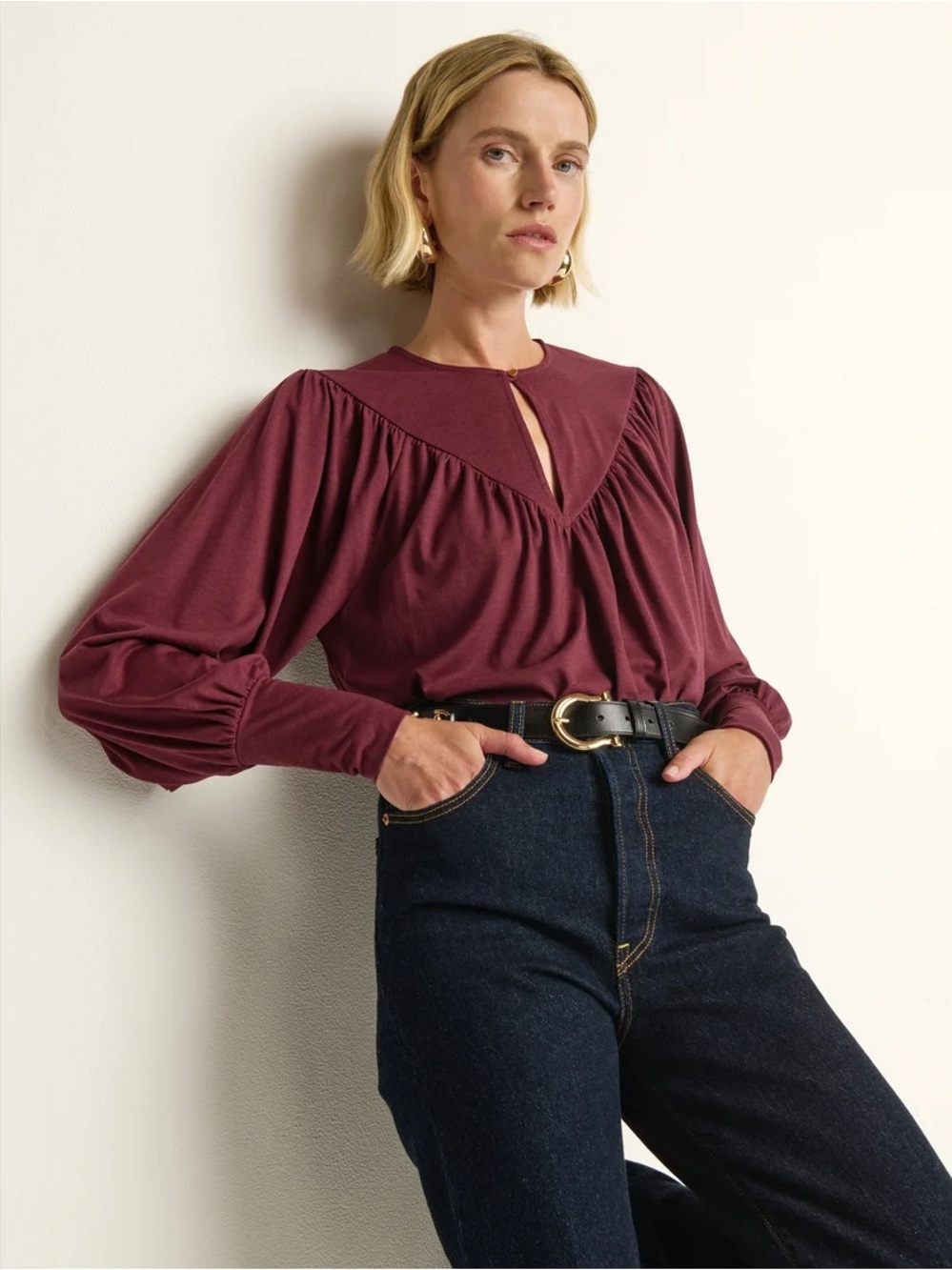 NWT Nation LA Long Sleeve Keyhole Blouse - Wine